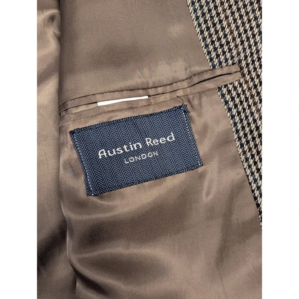 Austin Reed Sport Coat Mens 42R Brown Houndstooth Worsted Wool Blazer Excellent